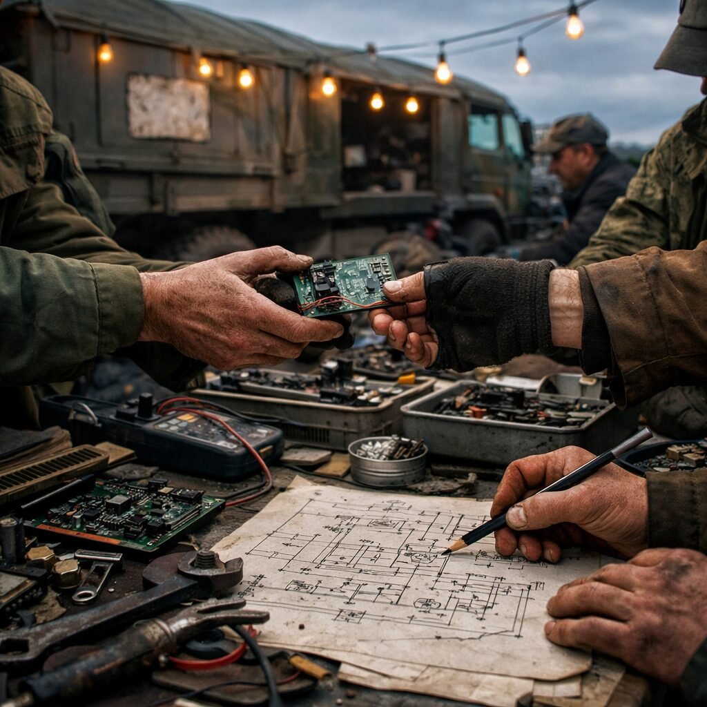A high-resolution, cinematic photograph of a makeshift field workshop beside an army convoy at dawn: engineers in mixed civilian and military clothing crowd around a battered table strewn with hand tools, circuit boards and blueprints. In the background, a transport vehicle sits with a patched panel; string lights cast a warm glow under an overcast sky. The composition emphasises hands—callused, grease-marked—exchanging parts and sketching revised schematics, capturing urgency, collaboration, scarce resources and the raw pragmatism where improvisation meets disciplined tradecraft.