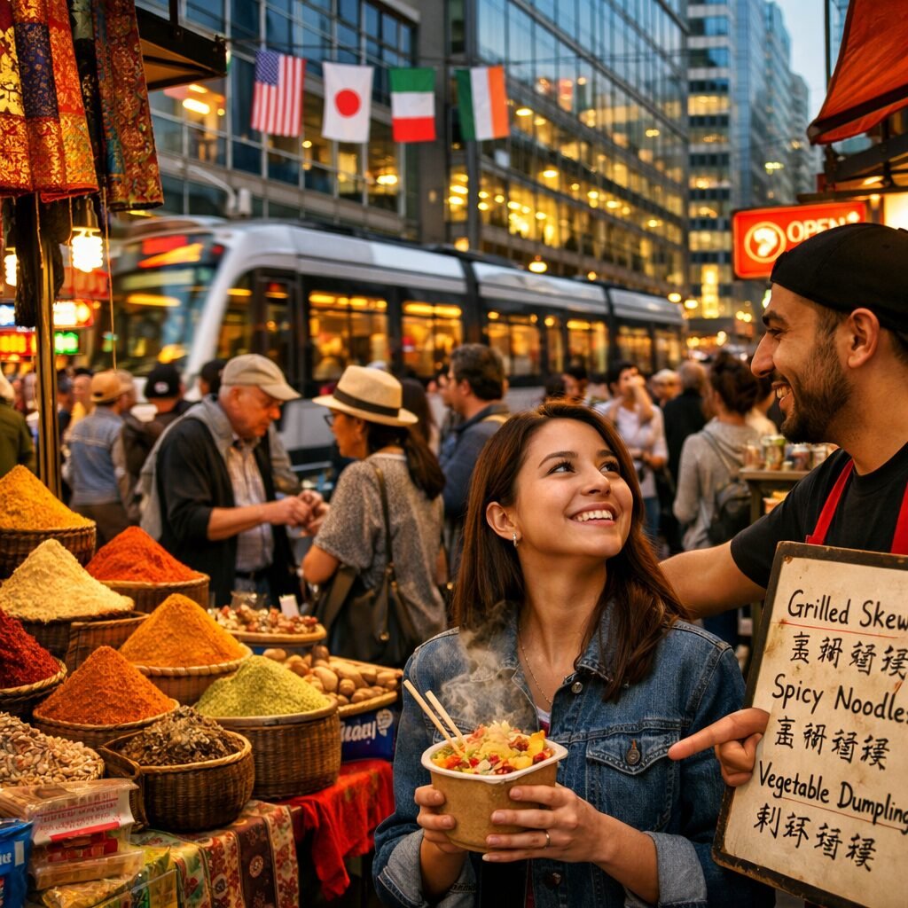 A street-level photograph at golden hour showing a bustling cross-cultural market in a modern city. Stalls display a riot of colours—spices in conical sacks, patterned textiles, neon signage in different scripts—while people of varied ages and ethnicities barter and laugh. In the foreground, a young woman holds a steaming street-food container and looks up, smiling as a nearby vendor gestures towards a handwritten menu in two languages. The background shows glass-fronted buildings with flags from several countries fluttering, and a tram gliding past; reflections in shop windows capture snippets of conversation and the blur of multilingual signage, conveying sensory richness and the human warmth of cosmopolitan life.