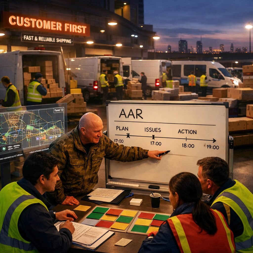 A realistic, cinematic shot of an urban fulfilment hub at dusk: workers in high-visibility jackets orchestrate a ballet of boxed packages around a fleet of vans while digital maps hover on transparent screens. In the foreground, a small team huddles over a table with colour-coded cards and a whiteboard labelled "AAR"; a former military logistician points to a timeline. The scene blends military precision with retail warmth — soft LED lighting, smiling employees, and visible customer-centred signage — capturing the transformation of martial practice into customer care.