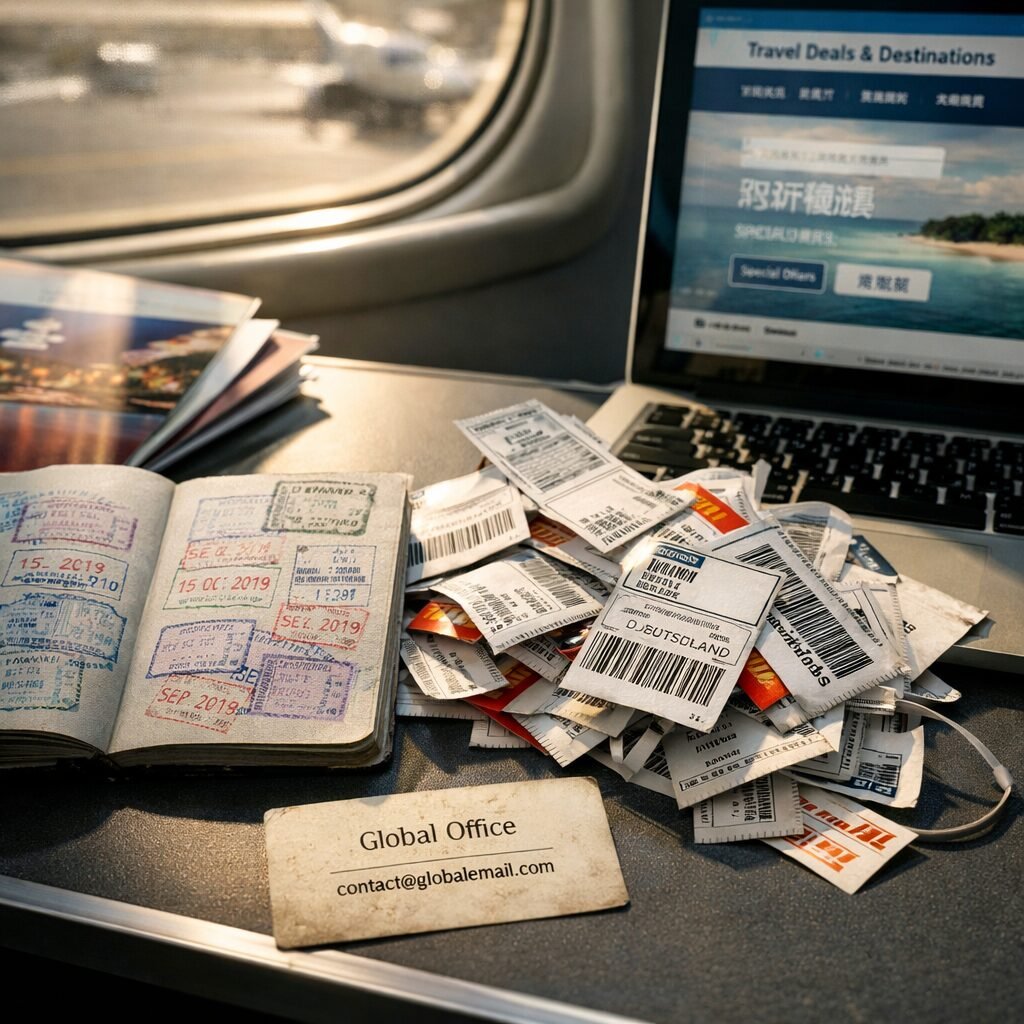 A sharp, documentary-style photo of a cluttered desktop on a flight transfer: a passport with multiple visa stamps sits beside a tangle of shipping labels from different countries, a laptop screen showing a half-translated website, and a faded business card that lists only a generic 'global office' email. Afternoon light from an airport window casts long shadows, emphasising the contrast between glossy marketing brochures and the small, messy physical evidence of cross-border complexity.