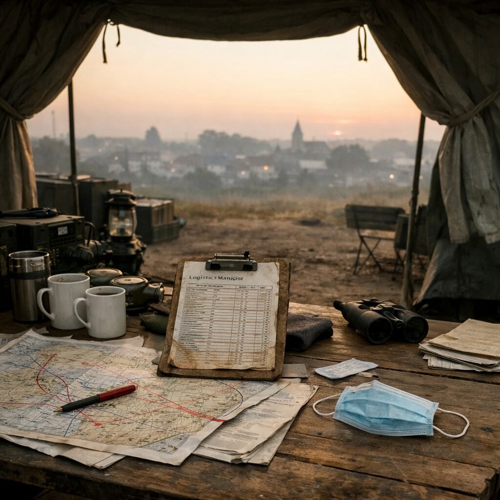 A stark, realistic photograph: an empty military command tent at dawn, canvas flaps tied back to reveal a cluttered wooden table strewn with coffee cups, maps marked in red pen, a worn logistics manifest and a single unused surgical mask. Beyond the tent, the skyline of a distant town is blurred by morning haze. The scene conveys hurried planning, human fatigue and the fragile logistics behind decisions that can shape lives.