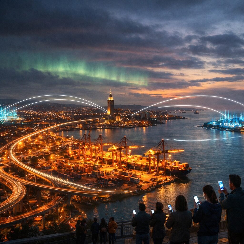 A panoramic photograph at dusk of a coastal city seen from above: a braided network of illuminated highways and shipping lanes converge on a port where container cranes glow amber. Superimposed subtly are translucent overlays of digital lines connecting the port to a distant data centre inland, a city hall tower and an offshore server island — visually suggesting an interconnected web of municipal, corporate and cyber nodes. The sky carries low cloud lit by a faint aurora, hinting at climate forces, while tiny figures on a waterfront promenade hold smartphones, symbolising citizen networks.