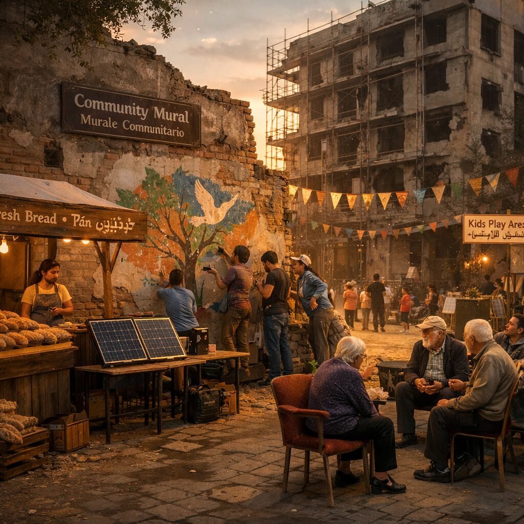 A detailed, realistic scene at dusk: a once-bombed urban square now hummed with activity. A temporary wooden market stall sells freshly baked loaves beside a community-run solar charging station; a group of volunteers patch a mural onto a damaged municipal wall while elderly residents sit on mismatched chairs swapping stories. In the background, scaffolding wraps the shell of a partially repaired apartment block where children play beneath strings of hand-made bunting. The light is golden, dust motes float in the air, and small signs in several languages mark cooperative enterprises, evoking resilience, improvisation and cross-generational care.