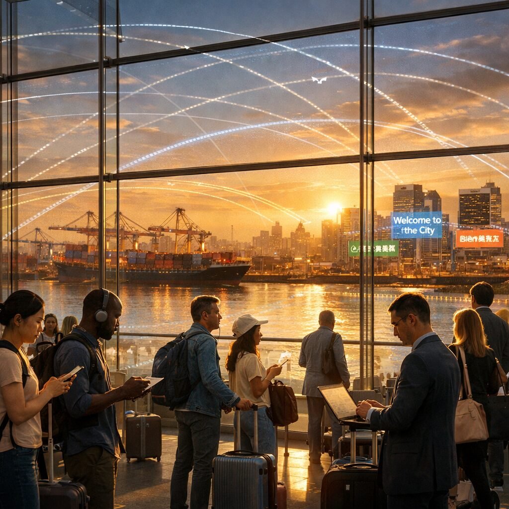 A high‑resolution photograph of a bustling international terminal taken at golden hour: a foreground of diverse travellers with carry‑on luggage and digital devices, midground glass facades reflecting cargo ships and cranes at a nearby port, and a background skyline where municipal buildings display multilingual digital banners. Superimposed, faintly translucent, are schematic lines representing undersea cables, flight paths and data flows, visually linking the city, sea and sky to suggest overlapping layers of contemporary international interaction.