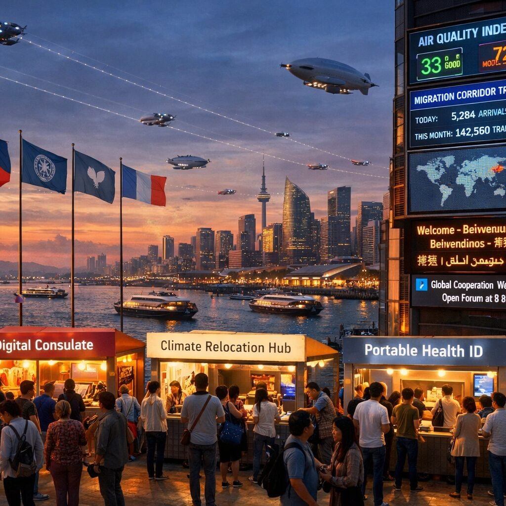 A panoramic, realistic scene at dusk: a coastal metropolis where traditional national flags on a harbour's quay have been partly replaced by banners bearing city emblems, corporate logos and NGO sigils. In the foreground, a multilingual crowd mingles at a pop-up civic market with stalls labelled for cross-border services — "Digital Consulate", "Climate Relocation Hub", "Portable Health ID" — lit by warm LED canopies. Above, drones and delivery airships create neat lanes as autonomous ferries glide between piers. On a nearby tower, an LED panel displays live data streams: air quality indexes, a migration corridor tracker and a multilingual message board. The atmosphere blends municipal intimacy with global connectivity, suggesting a world where authority, commerce and civic life are entangled across visible networks.