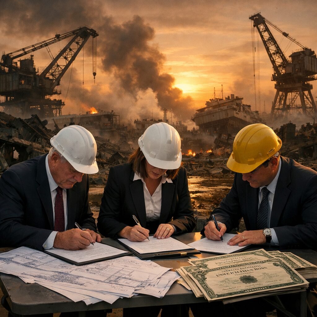 A stark, photo‑realistic image of a ruined industrial skyline at dusk: shattered cranes loom above a half-collapsed shipyard, smoke hangs low in the orange light, and in the foreground businesspeople in suits and hard hats — faces unreadable — sign contracts on a folding table covered with blueprints and government bond certificates. The contrast captures the uneasy blend of destruction, reconstruction and finance that turns wartime loss into long-term economic return.
