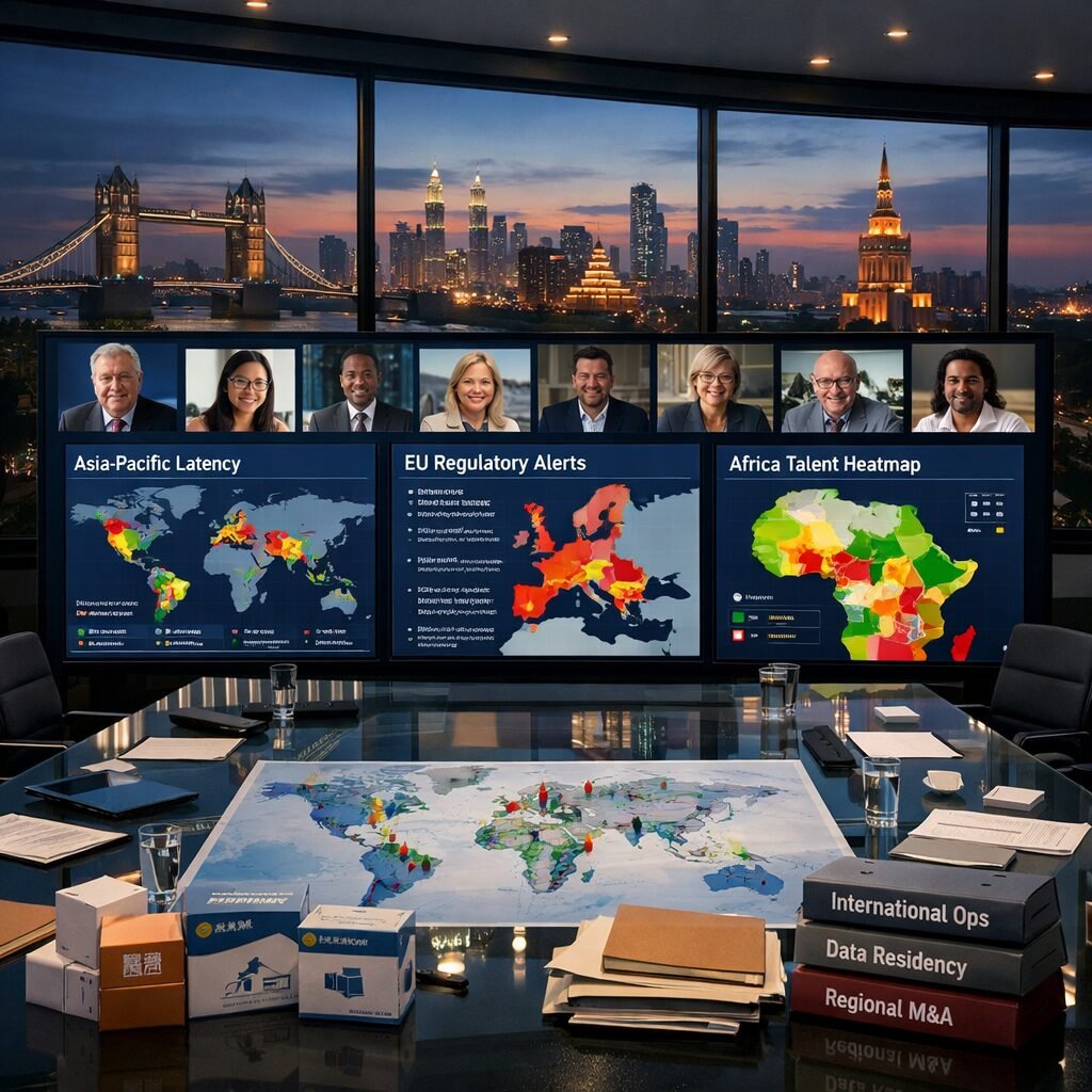 A panoramic, realistic scene of a modern corporate war room at dusk: a long glass table with diverse senior executives on video screens arrayed across three large wall monitors showing live regional dashboards (Asia-Pacific latency maps, EU regulatory alerts, Africa talent heatmaps). On the table are multilingual product mock-ups, a physical world map dotted with colour-coded pins and a stack of labelled folders — "International Ops", "Data Residency", "Regional M&A". Through the floor-to-ceiling windows, a skyline hints at multiple cities at once (a London-style bridge, a Southeast Asian skyline and an Eastern European tower), blended subtly to signal simultaneity. The lighting is cool and focused; the ambience is purposeful, implying strategic coordination across timezones.