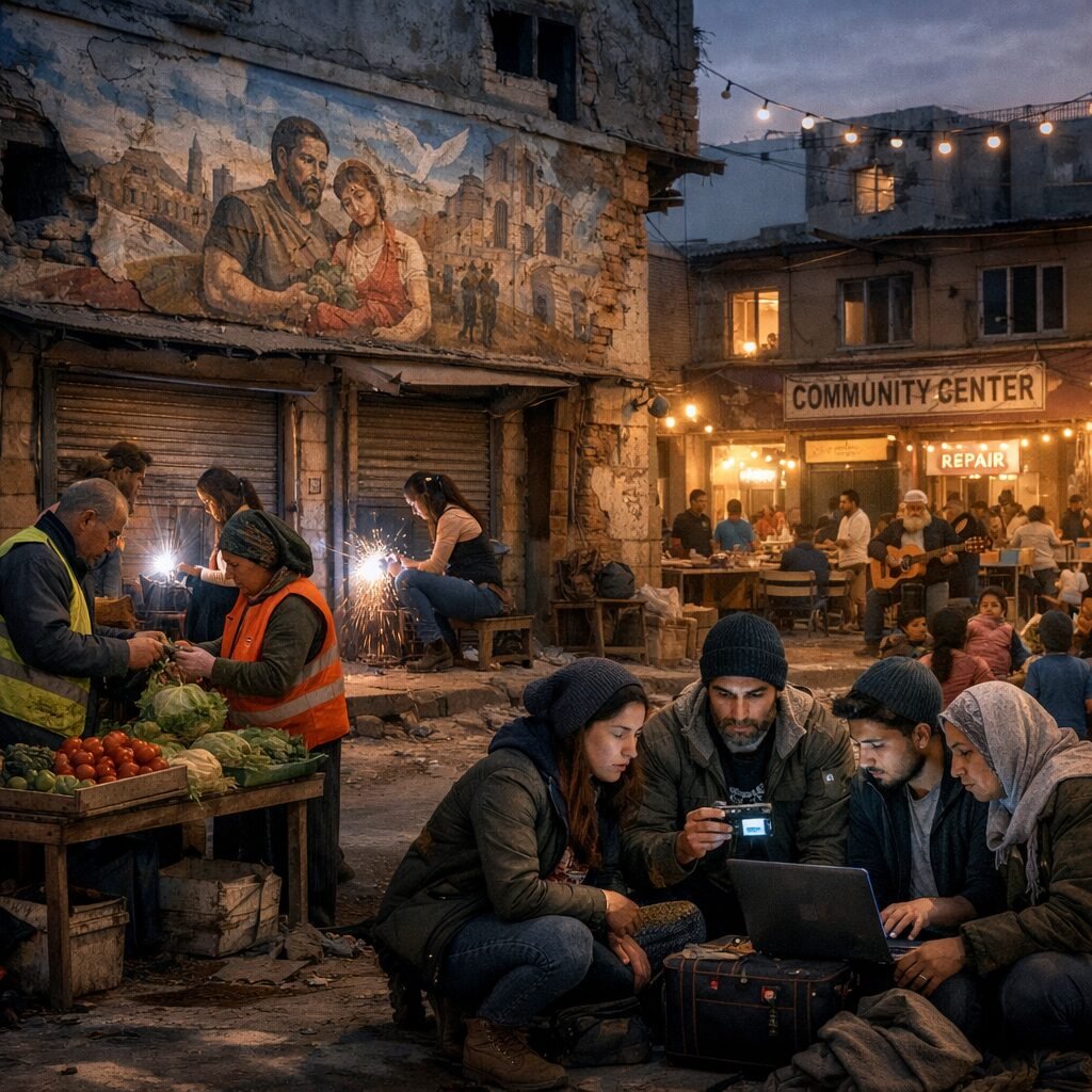 A dusk-lit street in a city recovering from conflict: neighbours in reflective vests bartering vegetables next to a makeshift repair workshop where young women weld shutters. A mural on a partially damaged façade depicts a shared local history; nearby, a group huddles around a battery-powered radio and a laptop, coordinating aid via messaging apps. In the background, a converted community hall—once a school, then a shelter—bustles with a repair co-op, a pop-up clinic and an elderly man teaching children a traditional song. The scene conveys rough beauty: organised improvisation, layers of care, and the visible traces of both destruction and deliberate rebuilding.