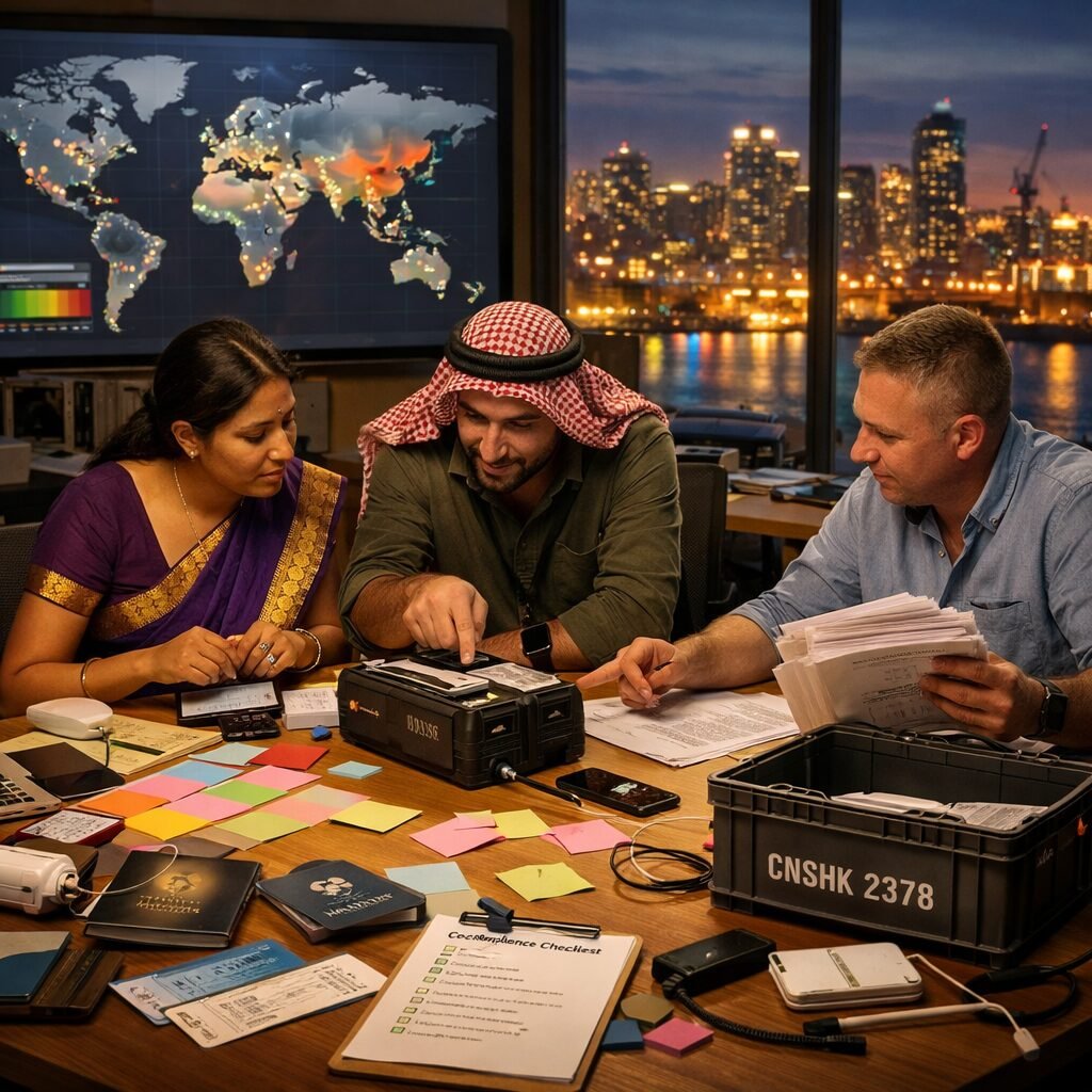 A wide-angle photograph of a modern product-development war room at dusk: a long table strewn with colour-coded sticky notes, passports, and charging cables; a large screen displays a world map peppered with pins and latency heatmaps; diverse team members—an engineer wearing a sari, a product manager with a keffiyeh, and a logistics specialist flipping through shipment manifests—point at a shared prototype. Outside the floor-to-ceiling window the city skyline blurs into lights from multiple consulates and shipping cranes, suggesting constant cross-border movement. The lighting is warm, the mood focused, and small details—airline boarding passes, a GDPR compliance checklist, a plastic crate stamped with a foreign port code—signal the interlocking practicalities of international work.