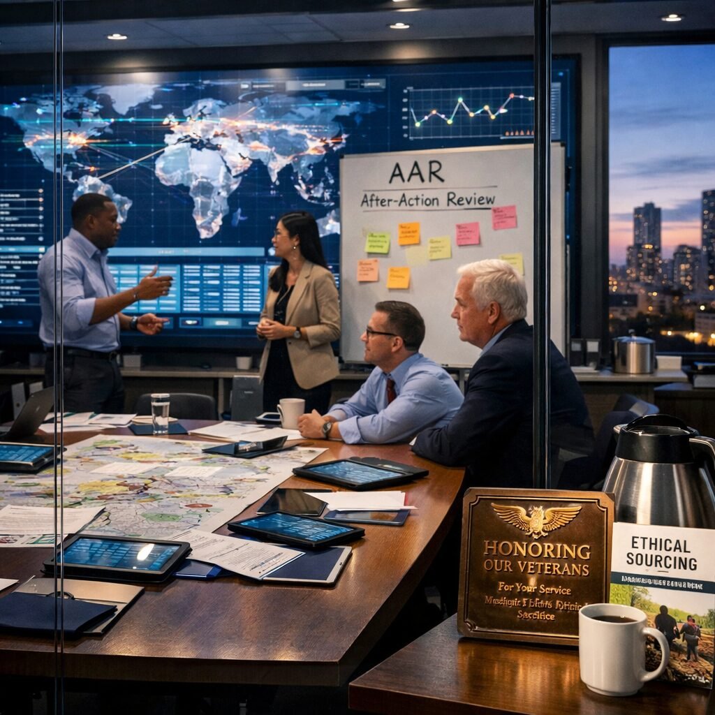 A high-resolution photo of a glass-walled corporate ‘war room’ at dusk: a long table strewn with tablets and annotated maps, floor-to-ceiling LED dashboards displaying supply-chain flows, a small group of diverse professionals in mid-briefing, sticky notes on a whiteboard marked ‘AAR’ (after-action review). Through the window, an urban skyline hints at global reach; on a side table, a brass veterans’ plaque and a leaflet explaining ethical sourcing sit beside a pot of coffee — juxtaposing urgency, technology and thoughtful reflection.