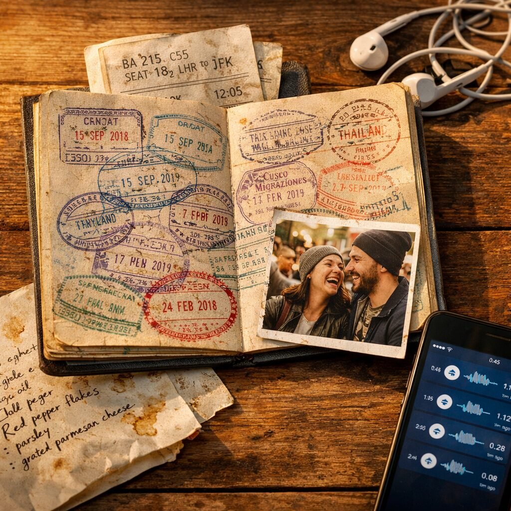A close-up portrait of a well-travelled passport opened on a wooden table. The pages show overlapping visa stamps in different colours and scripts, a worn boarding pass peeking out, and a small, folded photograph of two people laughing on a street market. Around the passport lie a pair of earphones, a handwritten recipe card smudged with oil, and a smartphone with voice messages visible on its screen. The light is late-afternoon golden, emphasising texture and evoking memory.