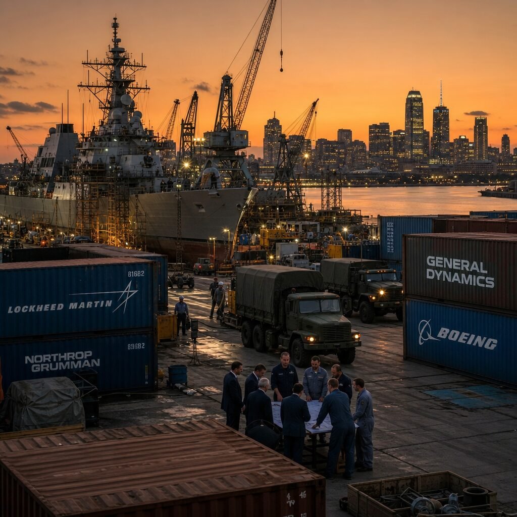 A high-contrast, realistic photo of a coastal shipyard at dusk: half a naval destroyer under maintenance, cranes silhouetted against an orange sky, shipping containers stacked in the foreground branded with faded corporate logos. In the midground, men in coveralls and suits confer over blueprints beside a convoy of military trucks; in the background, a city skyline lights up, hinting at civilian life. The composition highlights the intersection of industry, state power and everyday commerce — the tangled machinery that turns wartime spending into long-term economic structures.