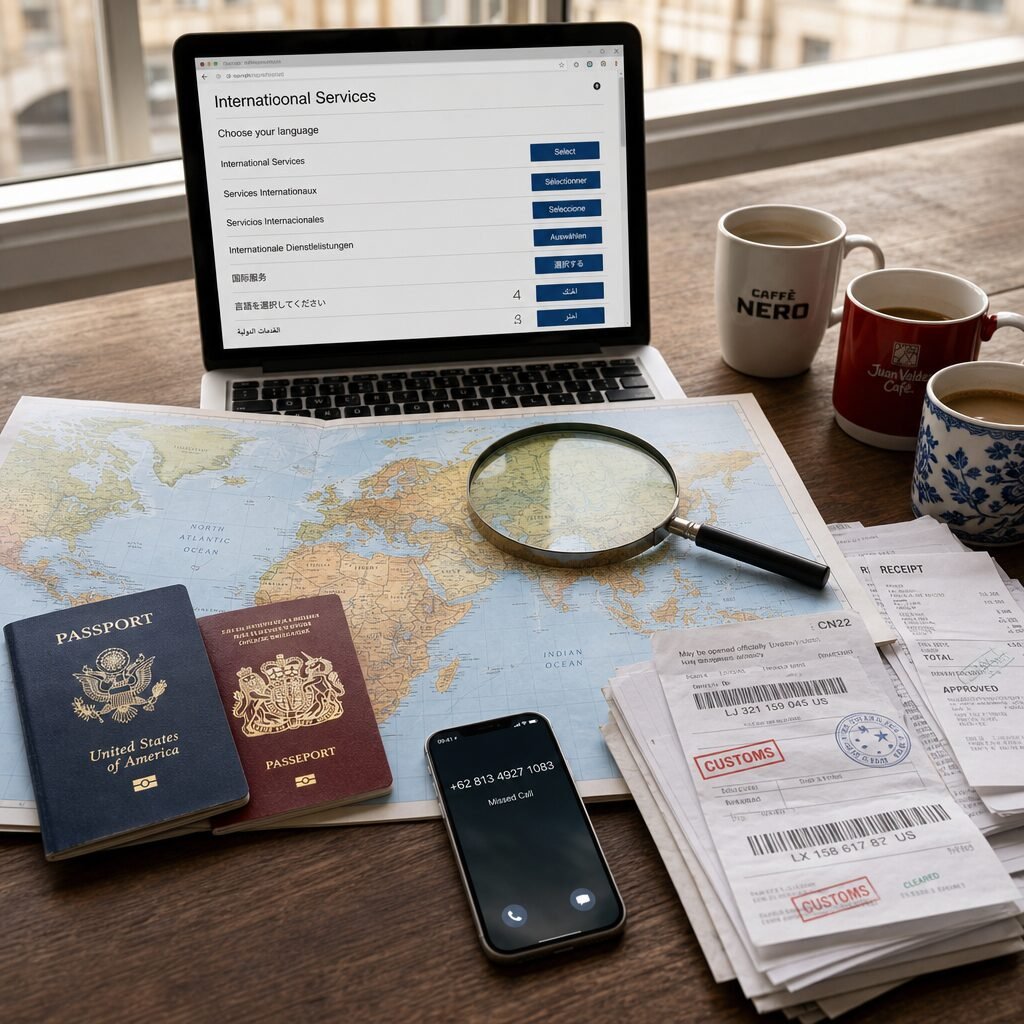A realistic, high-resolution scene: a wooden desk by a window with morning light catching a spread of travel paraphernalia — two passports (one slightly worn), an open world map with a magnifying glass resting over Europe and South-East Asia, a laptop displaying an ’International Services’ webpage with inconsistent translations, a pile of receipts and shipping labels stamped with customs marks, a smartphone showing a missed call from an unfamiliar country code, and three different coffee cups suggesting a multinational meeting. The composition conveys investigation, ambiguity and the practical tools of due diligence.