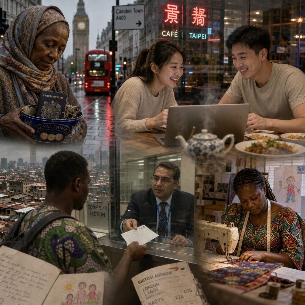 A candid street-scene montage: an elderly woman in a headscarf clutching a frayed passport in a biscuit tin, a young couple on opposite sides of a laptop laughing over a staggered dinner, a consular officer behind glass exchanging papers with a nervous traveller, and a seamstress sewing a colourful garment in a sunlit workshop. The disparate figures overlap amid blurred cityscapes — a rain-slick London pavement, tiled rooftops of Lagos and a neon-lit Taipei café — suggesting movement, layered time zones and the intimate domestic objects (a steaming teapot, a worn boarding pass, a child's drawing) that anchor transnational lives.