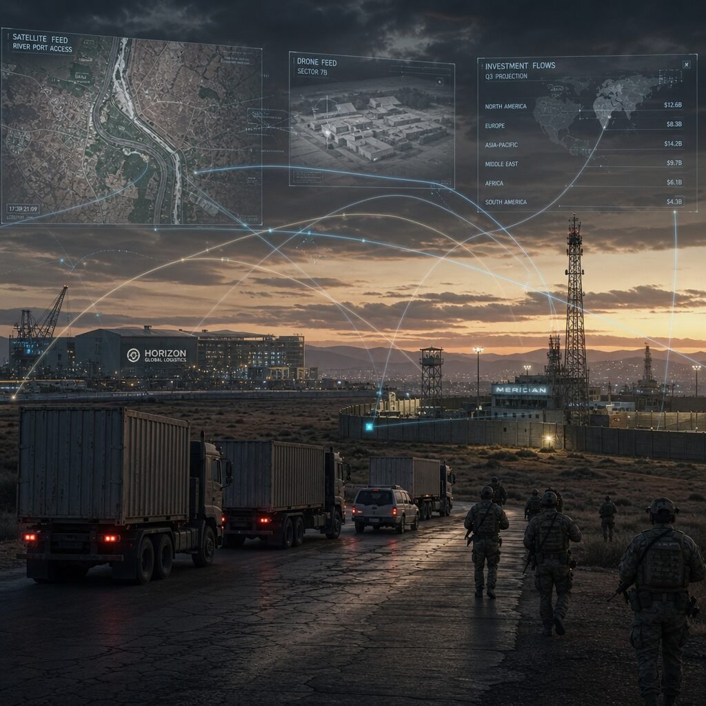 A dusk-lit composite scene: in the foreground a convoy of unmarked cargo trucks and a camouflage-clad private security team cross a cracked highway; beyond them a skyline stitched with cranes, a corporate logo on a warehouse and a distant military base. Overlaid, translucent streams of data—satellite imagery, drone footage and glowing lines representing investment flows—criss-cross the landscape, hinting at invisible markets. The palette is muted greys and ochres, with a cold blue glow from screens, conveying the intersection of commerce, technology and violence.
