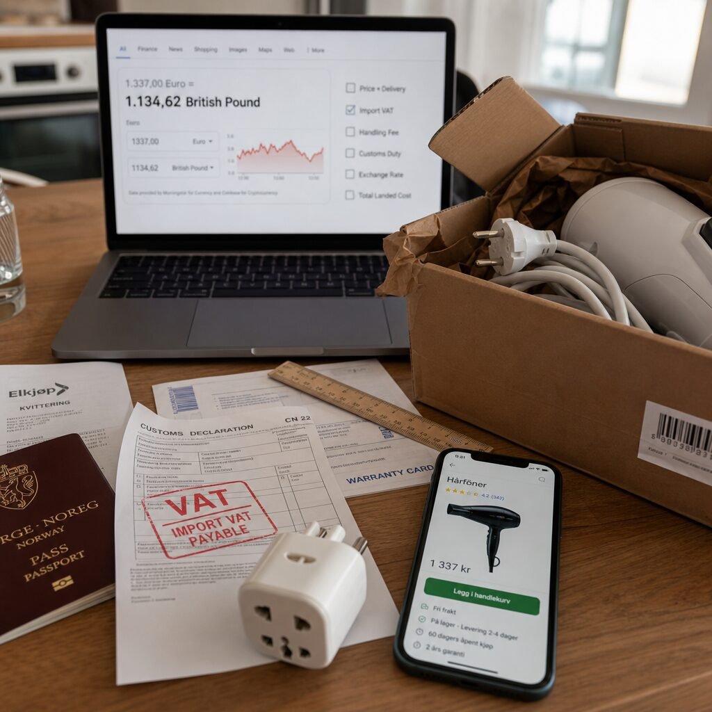 A crisp, realistic photograph of a kitchen table littered with international shopping detritus: a customs form with a bold red VAT stamp, a folded plug adaptor, a smartphone showing a foreign-language product page, and an open parcel revealing an electrical appliance with a European plug. In the background, a passport and a ruler measuring a warranty card peek out, while a laptop displays a currency conversion widget and a half-checked checklist. The light is natural, late-afternoon, emphasising textures and paperwork to suggest the tangible consequences of cross-border purchases.