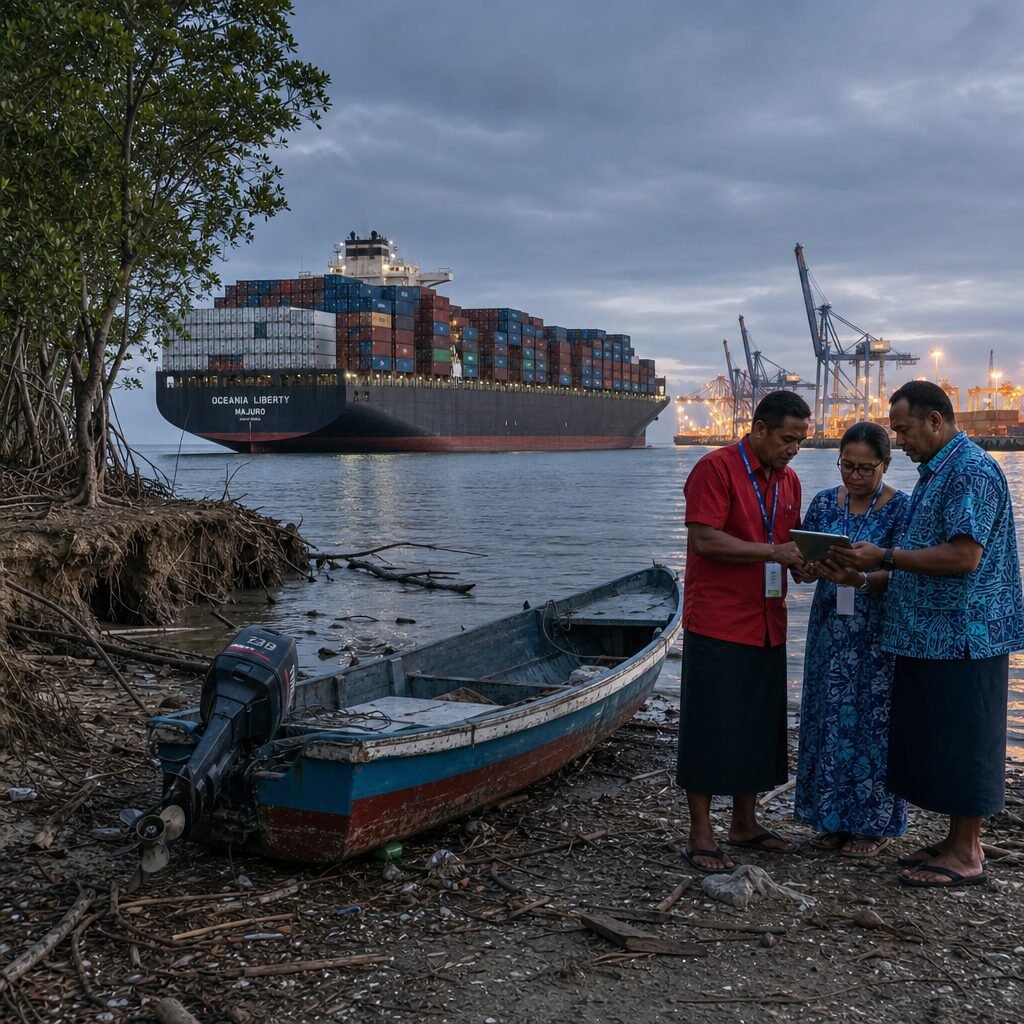 A wide-angle scene at dusk: a colossal container ship sails under a grey sky, its hull bearing the painted name of an obscure registry state. In the foreground, a mangrove-lined shoreline shows signs of erosion and a small fishing boat pulled ashore. To the right, delegates from a small island nation in colourful dress consult documents on a tablet, while in the distance cranes at a port glow with orange lights. The contrast between global logistics, vulnerable coastline and human negotiation captures the clash of international systems and ecological consequences.