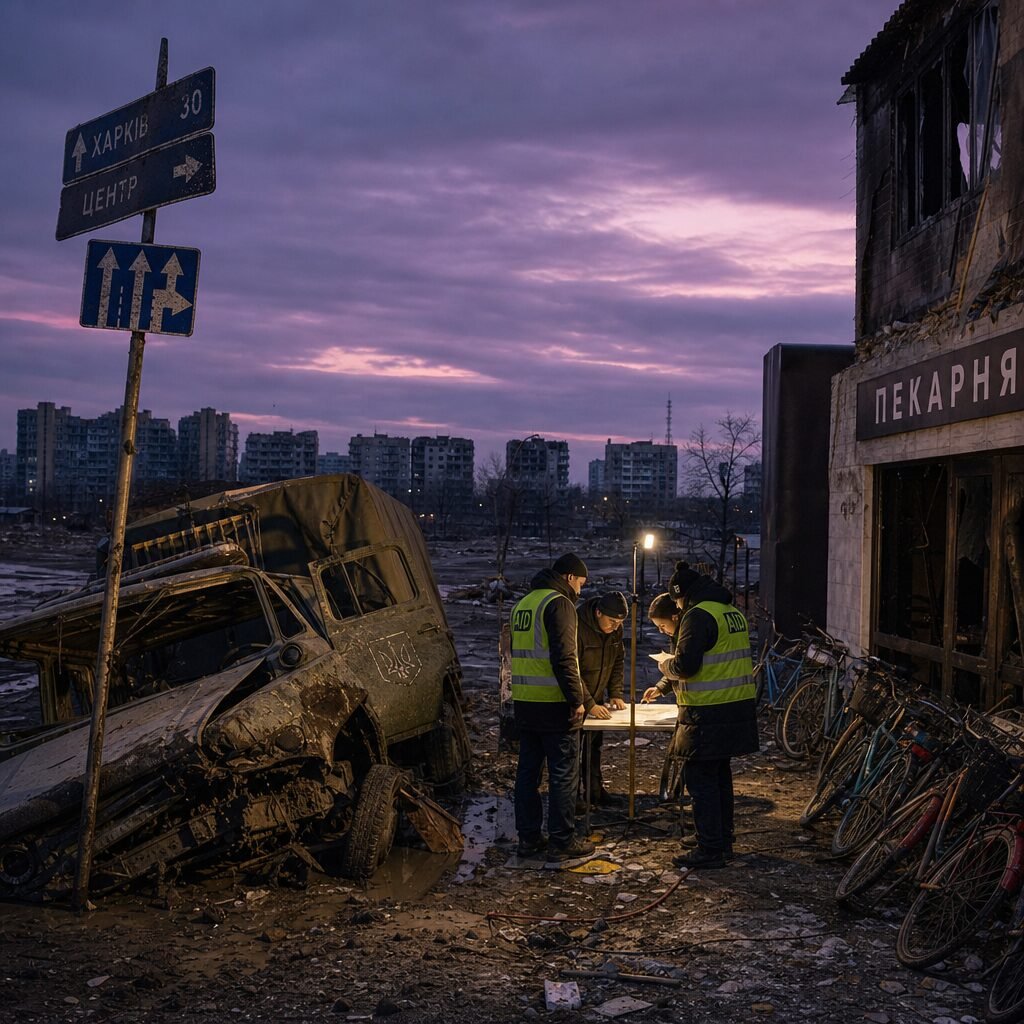A stark, realistic photograph at dusk of a shattered crossroads on the outskirts of a medium-sized town: a crumpled military truck half-submerged in mud beside a broken street sign; nearby, a line of abandoned civilian bicycles leaning against a ruined bakery with soot-blackened windows. In the midground, a group of three aid workers in high-visibility vests consult a map under a single portable lamp, faces concentrated and tired. On the horizon, silhouettes of damaged apartment blocks form a jagged skyline beneath a bruised purple sky. The image captures logistics failure, civilian disruption and the human effort to impose order — a visual metaphor for diagnosing and repairing the 'defects' of war.