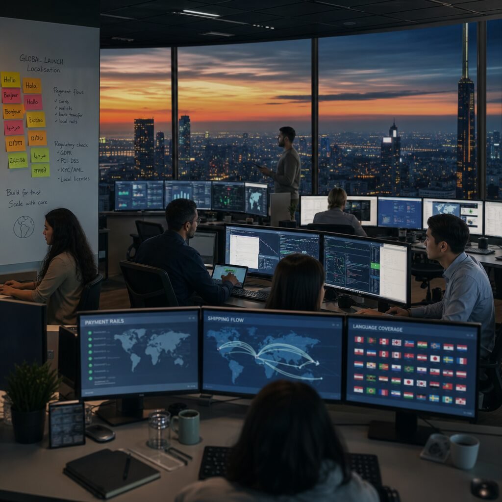 A high-resolution, cinematic photograph of a modern, glass-walled operations room at dusk. Inside, a diverse team works across curved desks lit by large monitors displaying maps, payment rails, shipping flows and language flags. Sticky notes with phrases in multiple languages are visible on a whiteboard. Through the glass, city lights of different time zones blend into an evening skyline. The scene evokes both digital infrastructure and human collaboration—technical panels and soft, human faces—symbolising the shift from geopolitical borders to platform-mediated international exchange.