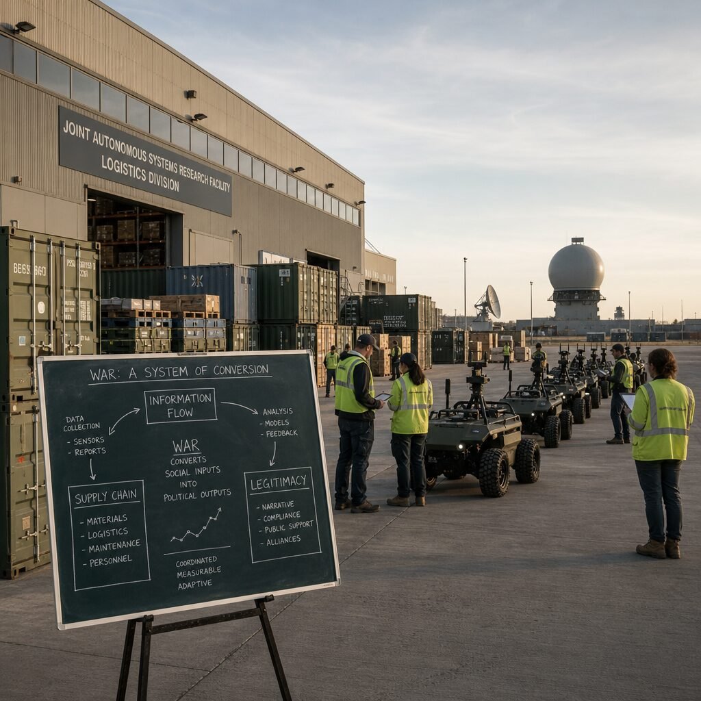 A wideshot, late-afternoon scene of a militarised research campus: an angular logistics warehouse stacked with pallets and shipping containers, a line of autonomous ground vehicles awaiting deployment, researchers in high-visibility jackets consulting digital tablets, and a distant radar array silhouetted against a pale sky. In the foreground a chalkboard on a portable easel shows a hastily drawn diagram linking 'information flow', 'supply chain', and 'legitimacy'—visualising the article’s thesis that war converts social inputs into political outputs through coordinated, measurable systems.
