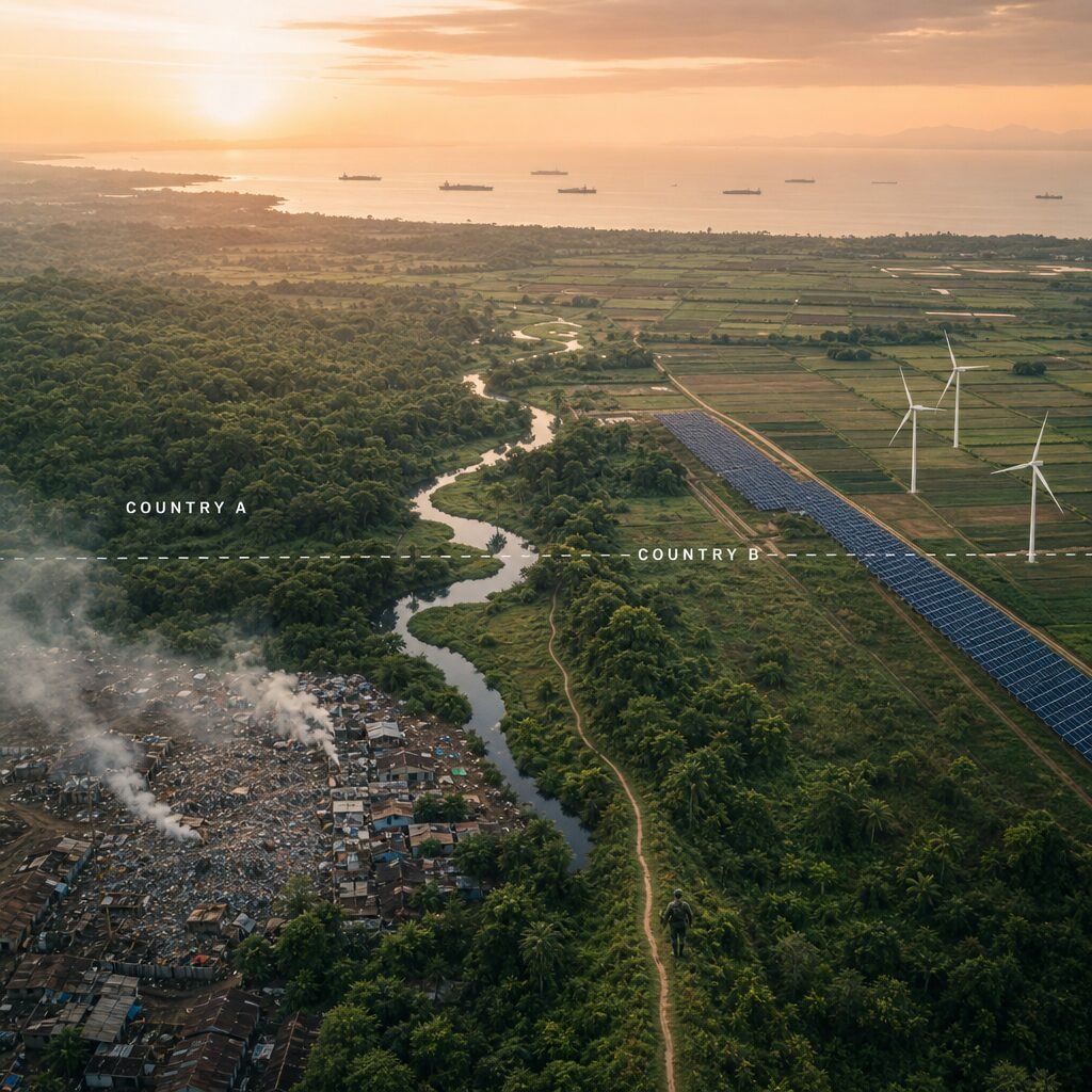 A high-resolution aerial image at golden hour: a patchwork of landscapes stitched across an international border—dense rainforest spilling into agricultural mosaics, a river meandering from one country into another, and a line of solar panels and wind turbines cutting across fields. On one side, a crowded urban recycling yard emits smoke; on the other, a rewilding corridor with protected forest and a ranger on patrol. The horizon shows container ships in the distance under a hazy sunset, suggesting the global flows that connect these local scenes.