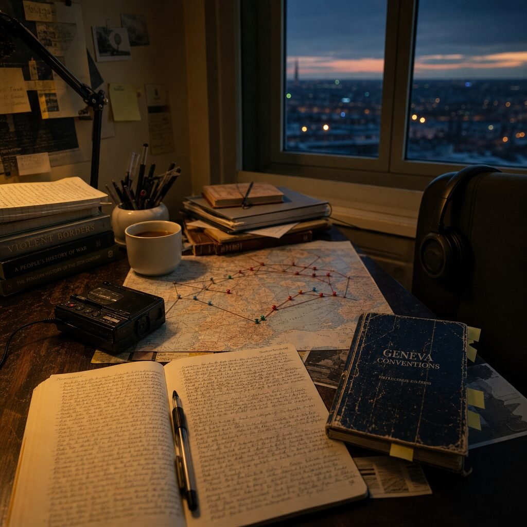 A thoughtful, cinematic photograph: a narrow desk in a sparsely lit room scattered with materials for studying conflict—an open notebook with neat handwriting, a map with coloured pins and string marking movements, a battered copy of the Geneva Conventions, and a small tape recorder beside a mug of cooling tea. Through a window at dusk, distant city lights hint at the wider world; a pair of headphones rests on the chair, suggesting oral histories being listened to. The scene balances scholarly focus with humane care, conveying study rather than spectacle.