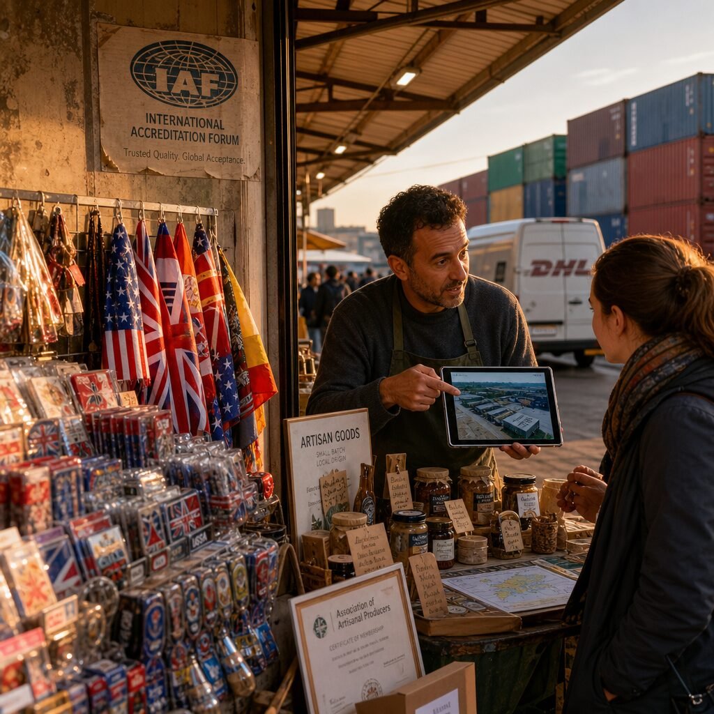 A crisp, realistic photograph of a bustling international market stall set beneath a metal awning at golden hour: one side displays mass-produced souvenirs with glossy flags and identical packaging, cheaply printed labels peeling; the other side is a neat row of artisanal goods with handwritten provenance tags, jars with batch numbers, and a small laminated certificate from a foreign association. A vendor in the artisanal stall converses in two languages with a customer, pointing to a map and a factory photo on a tablet. In the background, shipping containers and a courier van hint at global distribution, while a faded poster advertises an international accreditation logo — all elements captured with warm, detailed lighting and shallow depth of field.