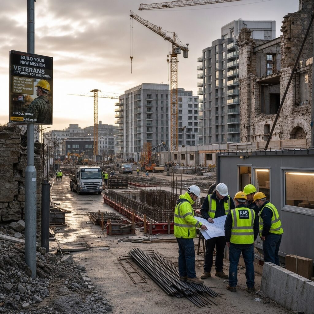 A realistic, high-resolution photo taken at golden hour showing a bombed-out urban street mid-reconstruction: rubble and twisted rebar frame cleared corridors where new foundations are being poured. A team of engineers in high-visibility jackets consults blueprints beside a temporary modular office; in the background, prefabricated modern apartment blocks rise beside vestiges of older masonry walls. Cranes and delivery trucks form a geometric rhythm against a hazy skyline, while a poster on a lamppost advertises a veterans' job retraining scheme. The scene captures both the physical destruction and the procedural bustle of rebuilding—contrasts of ruin and efficiency under overcast light.