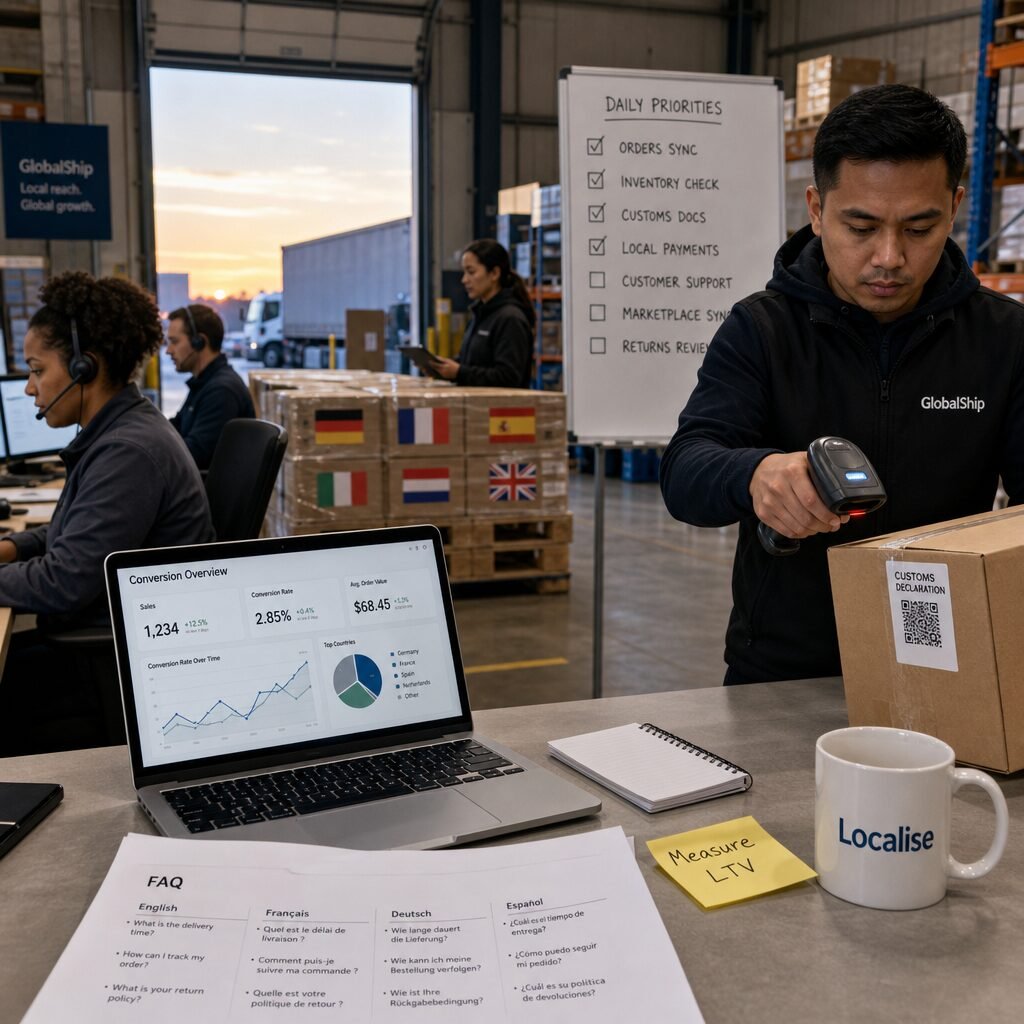 A sharply composed photograph of a mid‑sized product fulfilment hub at dawn: pallets labelled with multiple country flags, an open laptop displaying conversion dashboards, a courier scanning a parcel labelled with a QR customs tag, and a whiteboard behind showing a prioritised checklist. The light is cool and purposeful; people of diverse backgrounds coordinate via headsets. Visible details include a printout of a localised FAQ sheet in different languages, a sticky note reading 'Measure LTV', and a mug with the word 'Localise' in a bold font.