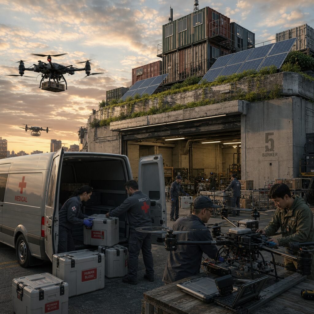 A wide, cinematic photo of an urban logistics hub at dawn: modular shipping containers stacked like Lego, a converted decommissioned bunker repurposed with solar panels and vertical gardens on its roof, rugged delivery drones taking off from a reinforced loading bay. In the foreground, a team of medics packs portable blood refrigerators into a van; behind them, engineers inspect a drone fitted with multispectral cameras. The sky is streaked with early morning light, suggesting both the aftermath of crisis and the beginning of civilian ingenuity repurposing military technology for everyday resilience.