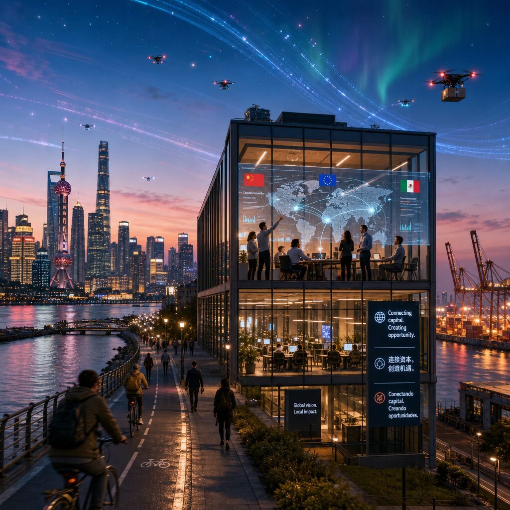 A panoramic cityscape at dusk that blends multiple skylines: a European riverwalk with bike lanes in the foreground, a cluster of modern Asian high-rises to the left, and a Latin American port with cranes to the right. In the middle distance, a glass office building is lit with warm interior lights; inside, a diverse team of people in a modern workspace are visible through the windows, pointing at a translucent digital map that overlays flags and data flows connecting the three regions. The sky is streaked with drone delivery lights and subtle aurora-like bands suggesting data streams; small inset signage shows multilingual text (English, Mandarin, Spanish). The scene conveys purposeful movement, cross-border connectivity and the human-and-digital infrastructure of contemporary international investment.
