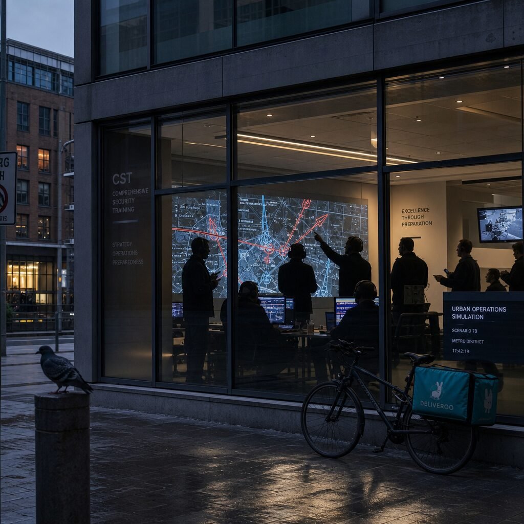 A high‑contrast photograph taken at dusk: a glass‑fronted corporate training facility with floor‑to‑ceiling windows. Inside, silhouettes of people wearing headsets and gesturing at projected maps are visible; a large digital screen shows red and blue vectors crossing over a stylised city grid. Outside, a delivery bicycle leans against the building and a pigeon rests on a bollard, emphasising ordinary life continuing around the staged intensity. The palette is slate greys and electric blues, with warm interior lights casting a human glow. The image captures the juxtaposition of clinical strategy and human drama — trained conflict happening in an everyday urban setting.