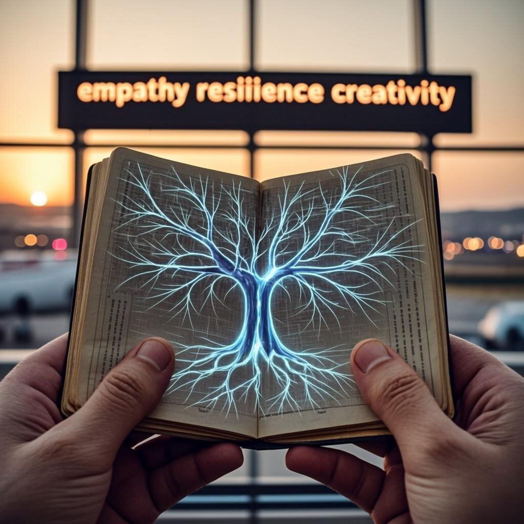 A close-up photograph of a person's hands holding a well-worn passport, but instead of stamps, the pages reveal glowing, intricate neural pathways and root-like networks spreading across the paper. In the softly blurred background, an airport departure board displays destinations that morph into words like 'empathy', 'resilience', and 'creativity'. The lighting is warm and golden, suggesting dawn, with bokeh effects from distant city lights visible through a window. The image conveys a sense of hidden transformation and interconnectedness.