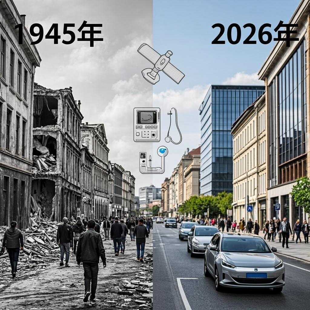 A split-image composition showing the contrast between war's legacy and modern peace. On the left, a black-and-white photograph of a war-torn European city street in 1945, with bombed-out buildings and rubble-strewn roads. On the right, the same street in vivid colour in 2026, regenerated with modern glass buildings, pedestrians with smartphones, and electric vehicles. In the centre where the images meet, a subtle overlay shows technological innovations—GPS satellites, medical equipment, and international institution logos—emerging from the rubble and transforming into the modern cityscape, symbolising how war's aftermath built the peaceful world we now inhabit.