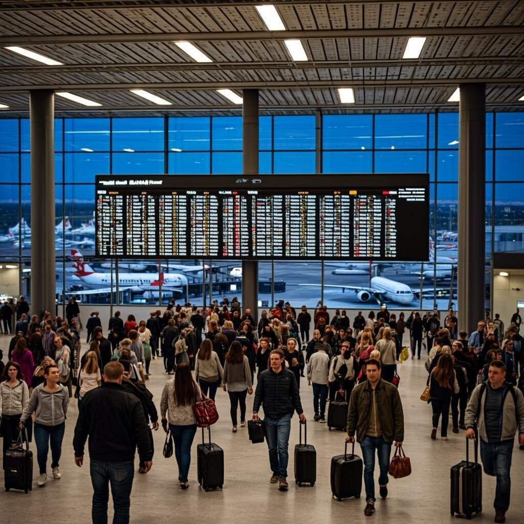 A wide-angle photograph of a bustling international airport terminal at dusk, where a massive departures board displays destinations in dozens of languages and scripts. In the foreground, travellers from visibly different cultures pass one another without interaction, each absorbed in their own journey. The architecture is generic—glass, steel, and polished concrete—could be anywhere and nowhere simultaneously. Through a vast window, planes from various airlines bearing different national markings queue on the tarmac, their tails displaying flags and logos that promise connection to distant places. The lighting is the flat, timeless fluorescence of transit spaces, suggesting a world that never sleeps yet never quite feels like home.