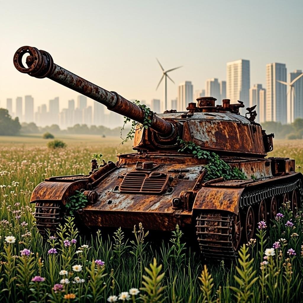 A rusting, obsolete military tank sits abandoned in an overgrown field, its barrel drooping like a tired arm. Wildflowers and vines have begun reclaiming the hull, whilst in the background, a modern cityscape glows with the soft light of dawn—glass towers and wind turbines suggesting a world that has moved on. The contrast between the decaying war machine and the thriving modern metropolis behind it creates a visual metaphor for obsolescence. A small flock of birds has nested in the tank's open hatch, reinforcing the sense that this instrument of conflict has been thoroughly left behind by time.