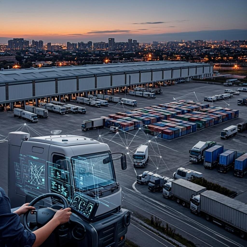 Aerial view of a vast logistics depot at dusk, where rows of International trucks are parked in precise formation, their cabs glowing with subtle blue connectivity lights that form a visible network pattern across the yard. In the foreground, a single truck's cab interior is visible through a transparent overlay, showing a driver's seat surrounded by holographic data displays depicting route optimisation, vehicle diagnostics and driver performance metrics. The sky above transitions from deep orange to dark blue, with faint digital grid lines superimposed across the horizon, suggesting the invisible data infrastructure that connects the entire fleet. The image conveys the merger of heavy industrial machinery with digital intelligence.