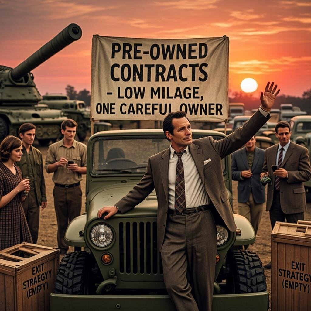 A cluttered second-hand car lot at dusk, where a slick salesman in a slightly too-large suit leans against a military jeep with a fresh coat of paint barely concealing bullet holes. Behind him, a hand-painted banner reads 'PRE-OWNED CONFLICTS — LOW MILEAGE, ONE CAREFUL OWNER' in peeling letters. Scattered around the lot are battered tanks, rusting artillery pieces, and boxes labelled 'EXIT STRATEGY (EMPTY).' A small group of sceptical customers in civilian clothes examine a contract with magnifying glasses whilst the salesman gestures grandly toward a sunset that looks suspiciously like an explosion. The overall palette is muted browns and oranges, evoking both nostalgia and decay.