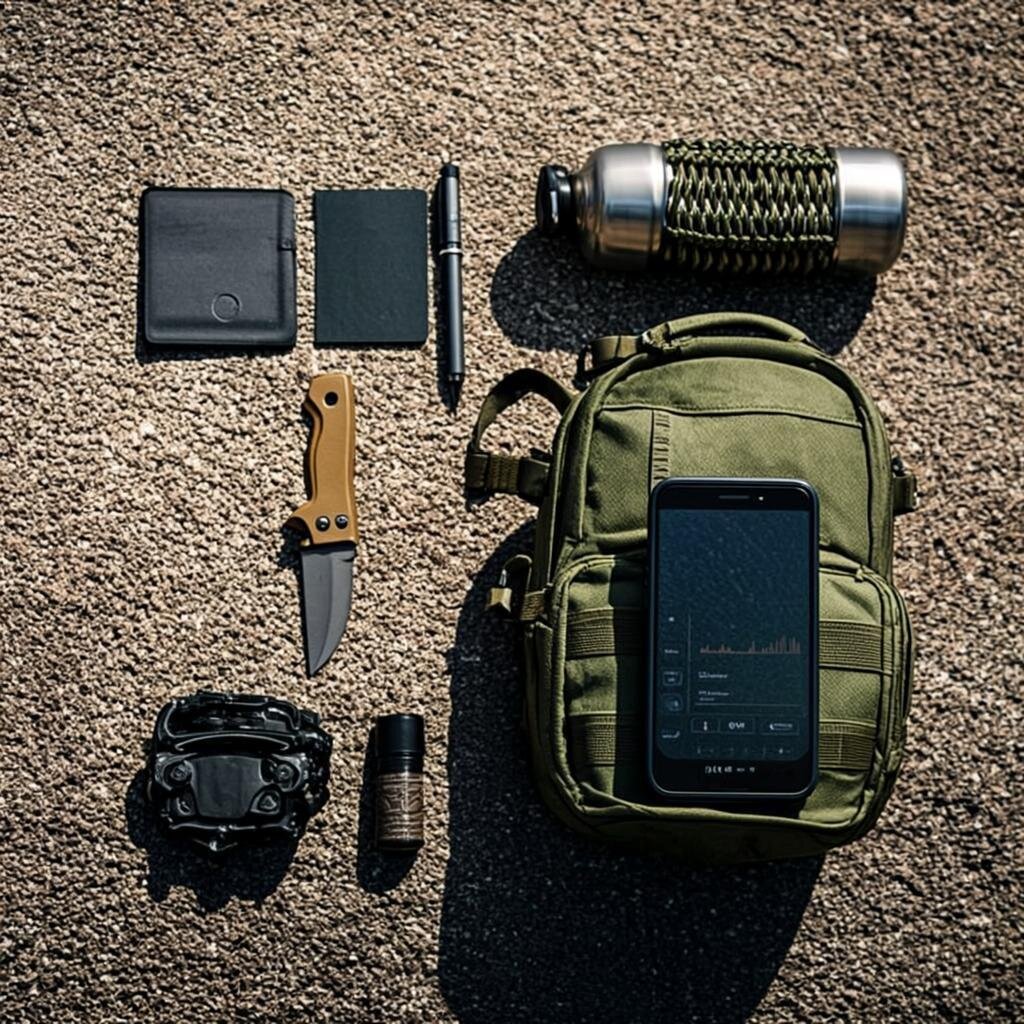 A meticulously organised everyday-carry flatlay photographed from above on a weathered concrete surface. The arrangement includes a matte black tactical wallet, a stainless steel water bottle with paracord wrapping, a folding knife with a desert-tan handle, a compact first-aid kit in a muted olive pouch, a smartphone displaying a minimalist productivity dashboard, and a small notebook with a military-spec ballpoint pen. The colour palette is dominated by muted earth tones — olive drab, charcoal, sand, and slate grey — with harsh directional lighting casting sharp shadows that evoke the visual texture of war photojournalism. The overall composition suggests both readiness and aesthetic intentionality, blurring the line between practical preparedness and curated lifestyle.