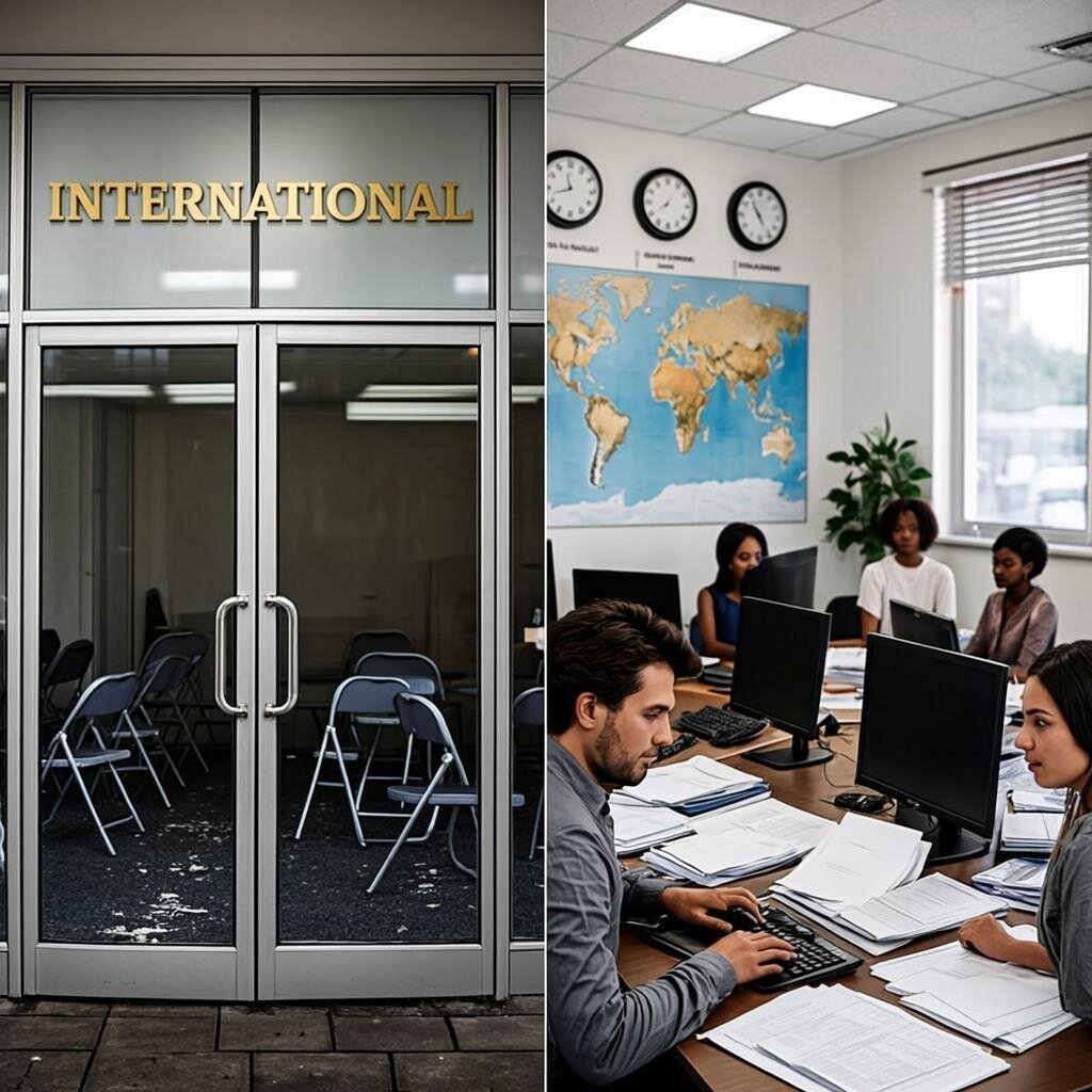 A split-screen visual showing two contrasting scenes. On the left, a polished corporate facade with 'INTERNATIONAL' emblazoned in gold lettering across glass doors, but the interior visible through the glass is empty and derelict with stacked chairs and dim lighting. On the right, a modest but bustling office with a world map dotted with real location pins, diverse staff visible at desks with multiple time zone clocks on the wall, and documents in various languages scattered across a meeting table. The contrast highlights the difference between performative and genuine international operations.