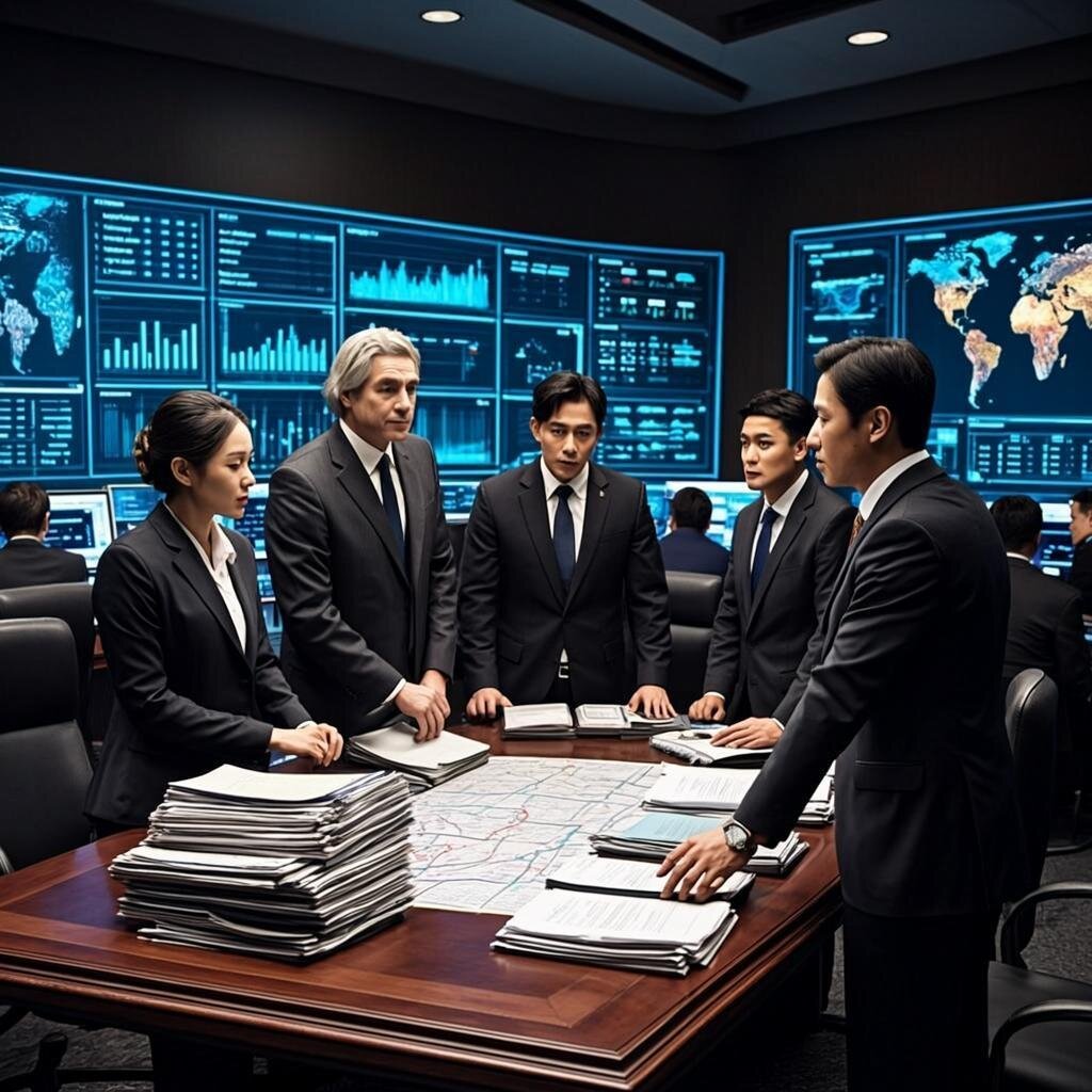A modern corporate boardroom transformed into a tactical command centre. Multiple large screens display real-time data visualisations, maps, and threat analytics. Executives in business attire stand around a central table covered with strategic documents, their faces illuminated by the blue glow of monitors. The lighting is dim and focused, creating an atmosphere of intense concentration. On the walls, digital displays show cascading information feeds. The contrast between the traditional mahogany furniture and the high-tech military-style displays creates a jarring visual that captures the militarisation of corporate Britain.